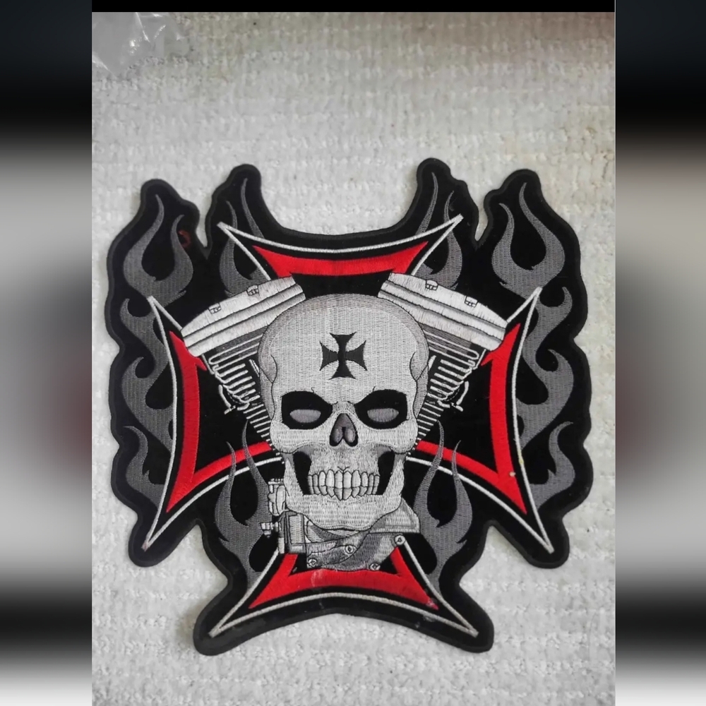 Large goth punk rock metal skull applique patch for clothing